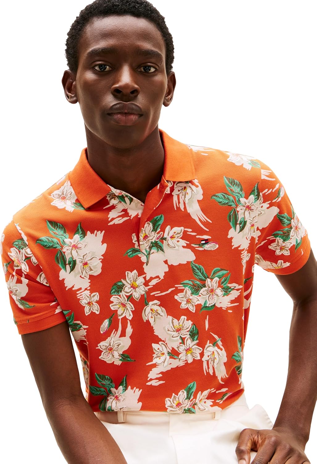 Мужские поло Tommy Hilfiger с коротким рукавом, повседневного кроя, с цветочным принтом, Brilliant Orange / Multi — фото 2