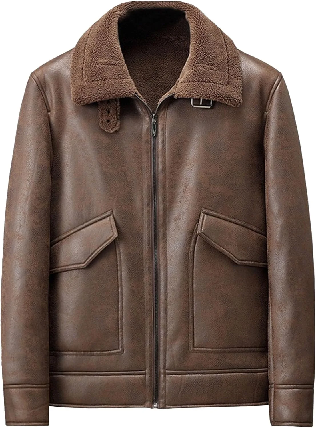 Мужская кожаная куртка-бомбер с утолщенным меховым воротником и воротником из шерпы Generic, коричневый