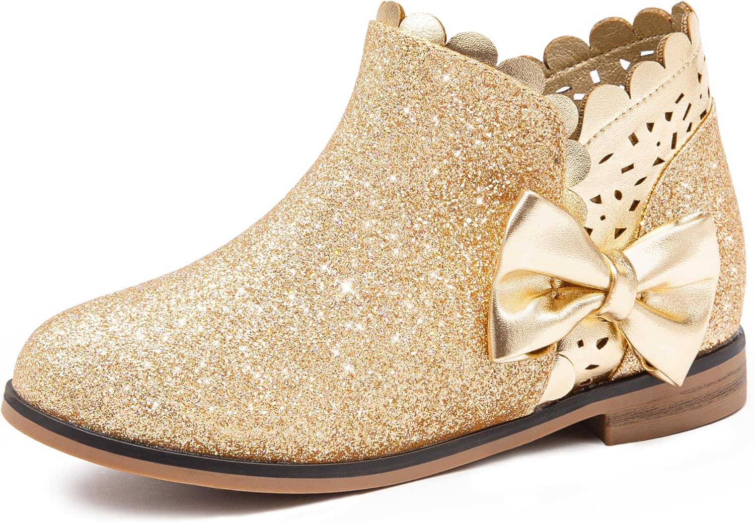 

Детские ботильоны Dufannie для девочек с бантом, низким каблуком, боковой молнией, на каждый день, модные, с рюшами, осенние, для малышей и старших детей, Gold Shimmer