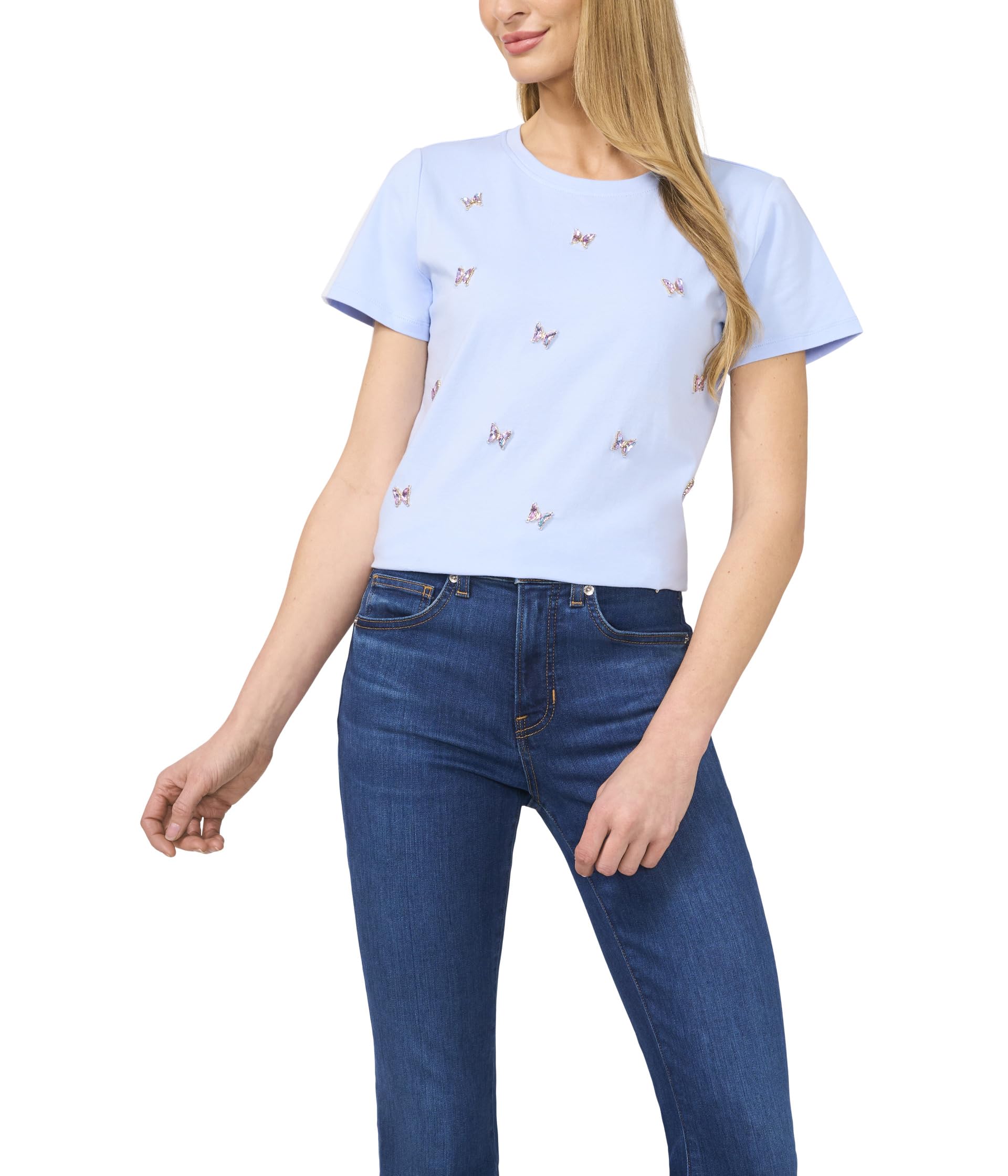 

Футболка CeCe Short Sleeve Crew Neck Tee With Gem Butterflies, Spa Blue