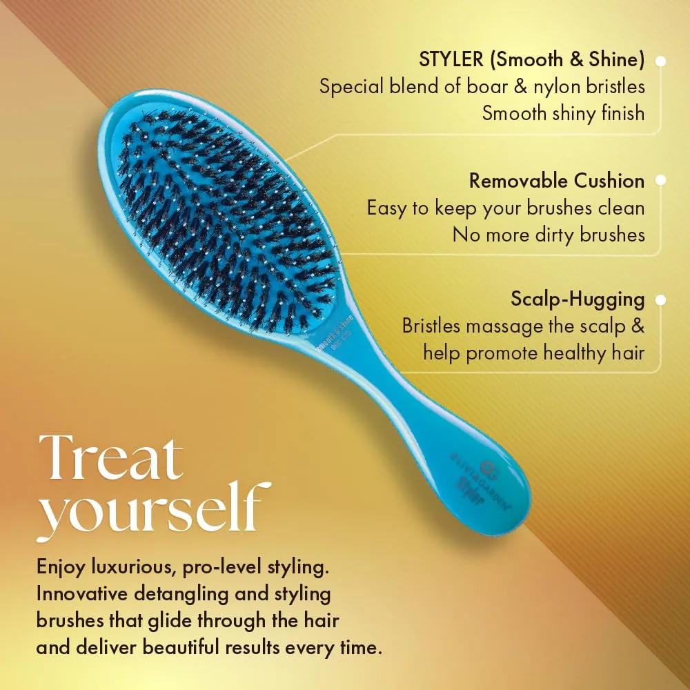 Olivia Garden OG Brush Styler с щетиной из кабана и нейлона - расческа для мужчин, женщин и детей, для влажных и сухих волос, подходит для всех типов волос, разглаживает и придает блеск, Opal Blue — фото 3