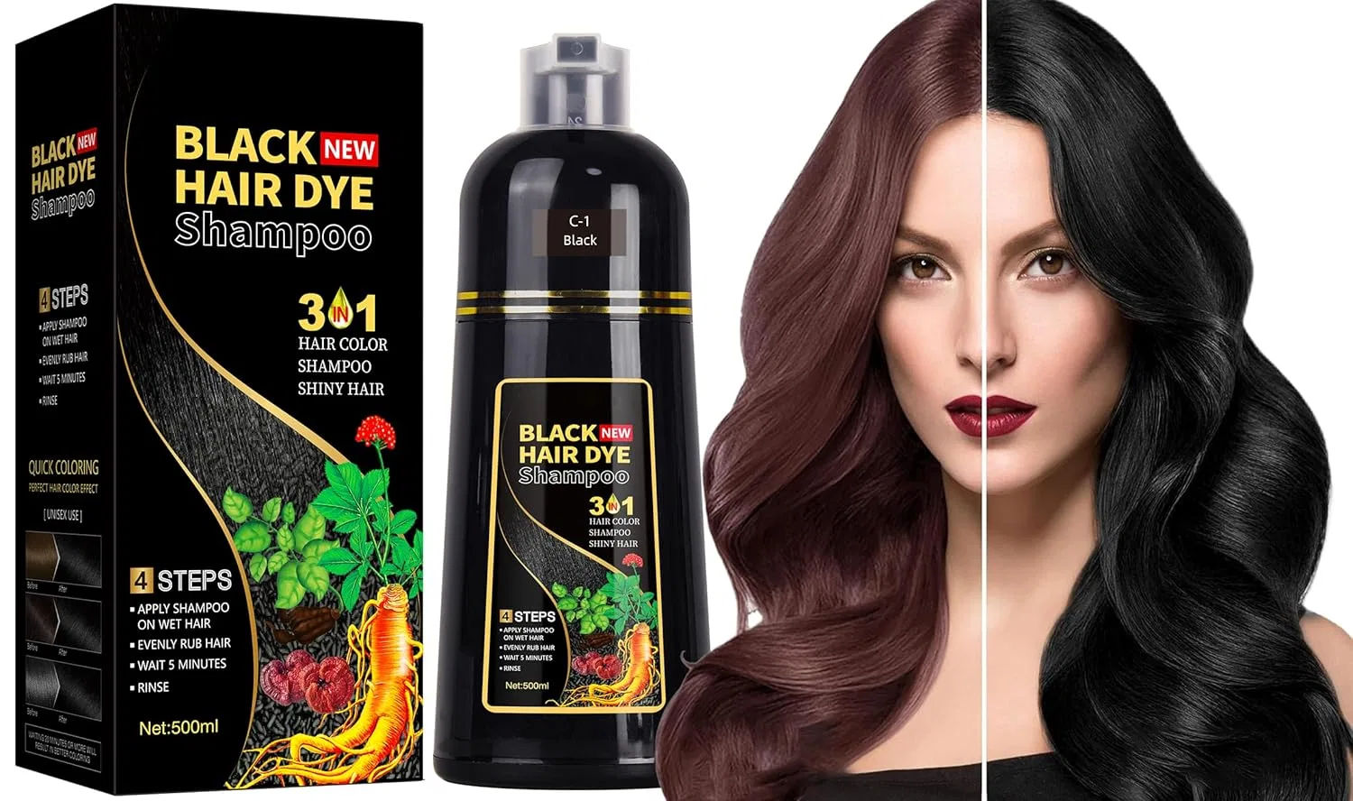 Шампунь-краска для волос 3-в-1 «Black Hair Dye» 500 мл Gemtoy, Black