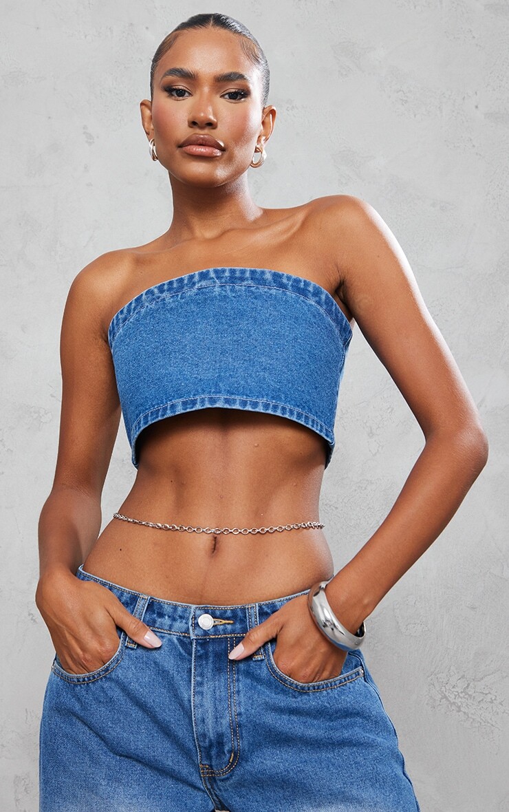 

PrettyLittleThing Укороченный топ-бандо среднего синего цвета