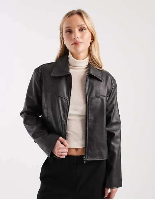

Черная выстиранная куртка с верхним воротником из искусственной кожи ASOS DESIGN Petite