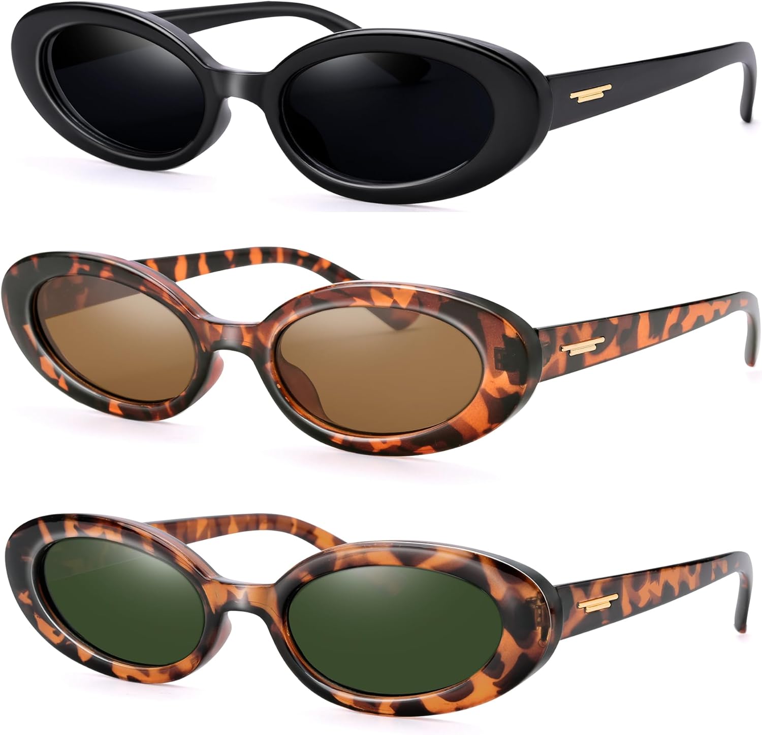

Солнцезащитные очки Hycredi Retro Oval для женщин и мужчин, модные маленькие солнцезащитные очки в стиле 90-х, винтажные «кошачий глаз», 3 Pack (Black/Grey + Leopard/G15 + Leopard/Brown）