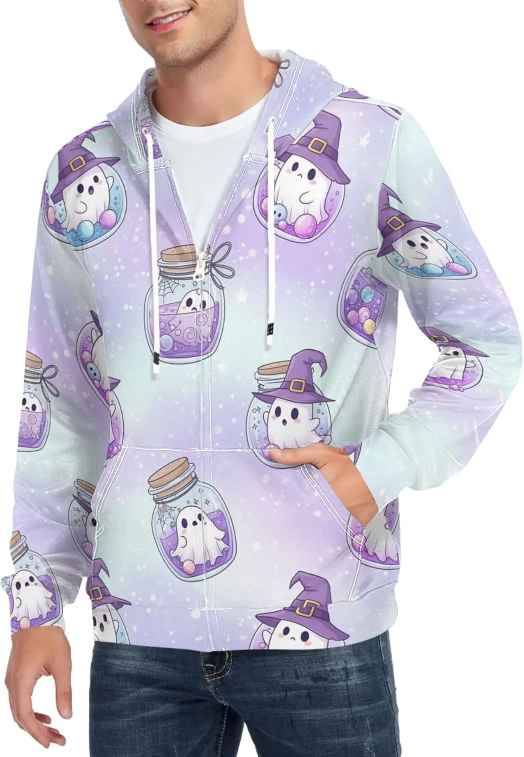 

Мужская толстовка с капюшоном на молнии Cute Ghosts in Jars, с длинными рукавами и карманом CUPADA