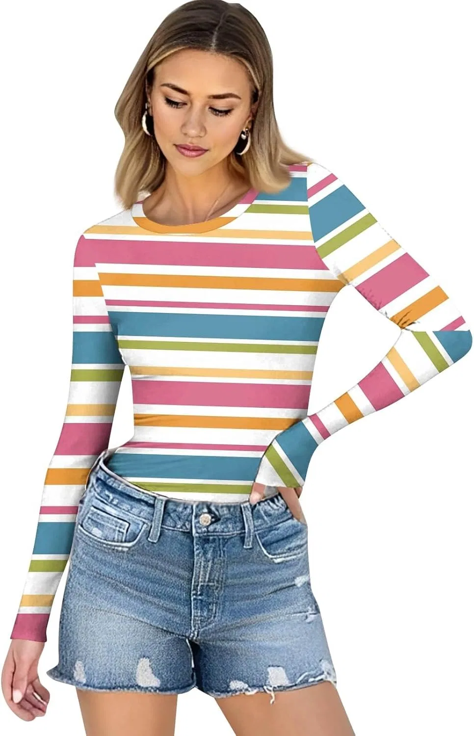 Женская футболка с длинным рукавом, полоска, Hot Pink, размерная линейка S-XXL — фото 2