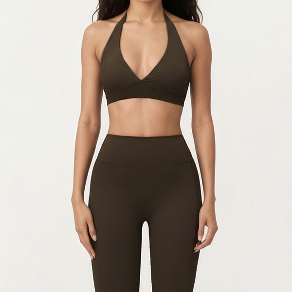 

Женский спортивный топ-бюстгальтер на шее с глубоким V-образным вырезом спереди и широкой поддерживающей подкладкой Anna-Kaci, Coffee