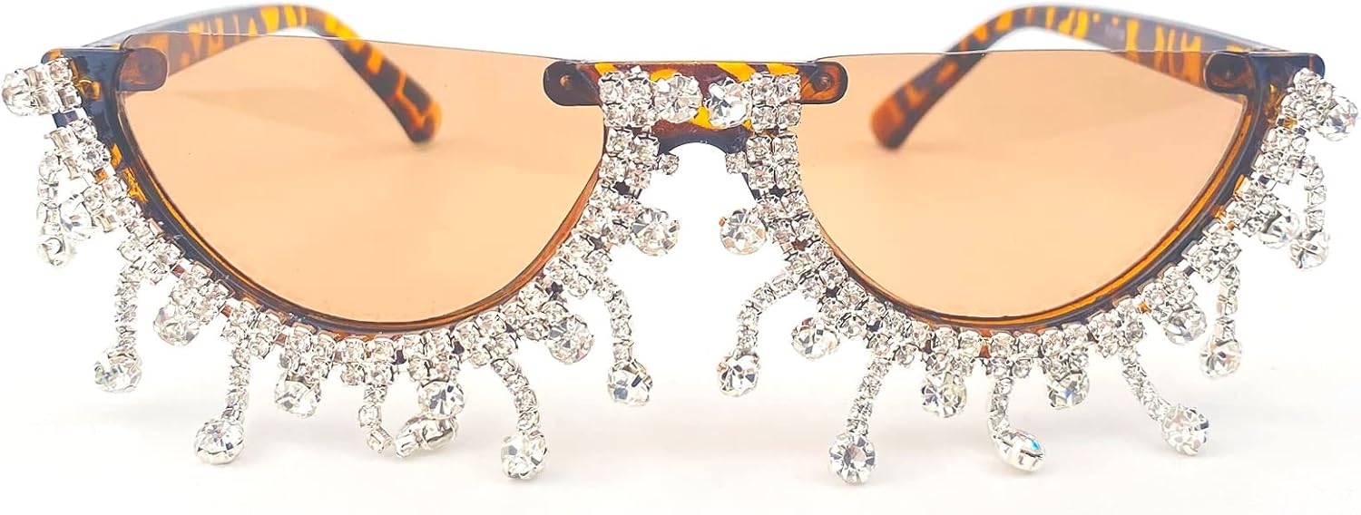 

Красочные солнцезащитные очки в форме полумесяца с бриллиантами для женщин, «кошачий глаз», украшенные стразами, идеально подойдут для вечеринок mincl, Diamond Tassel&leopard