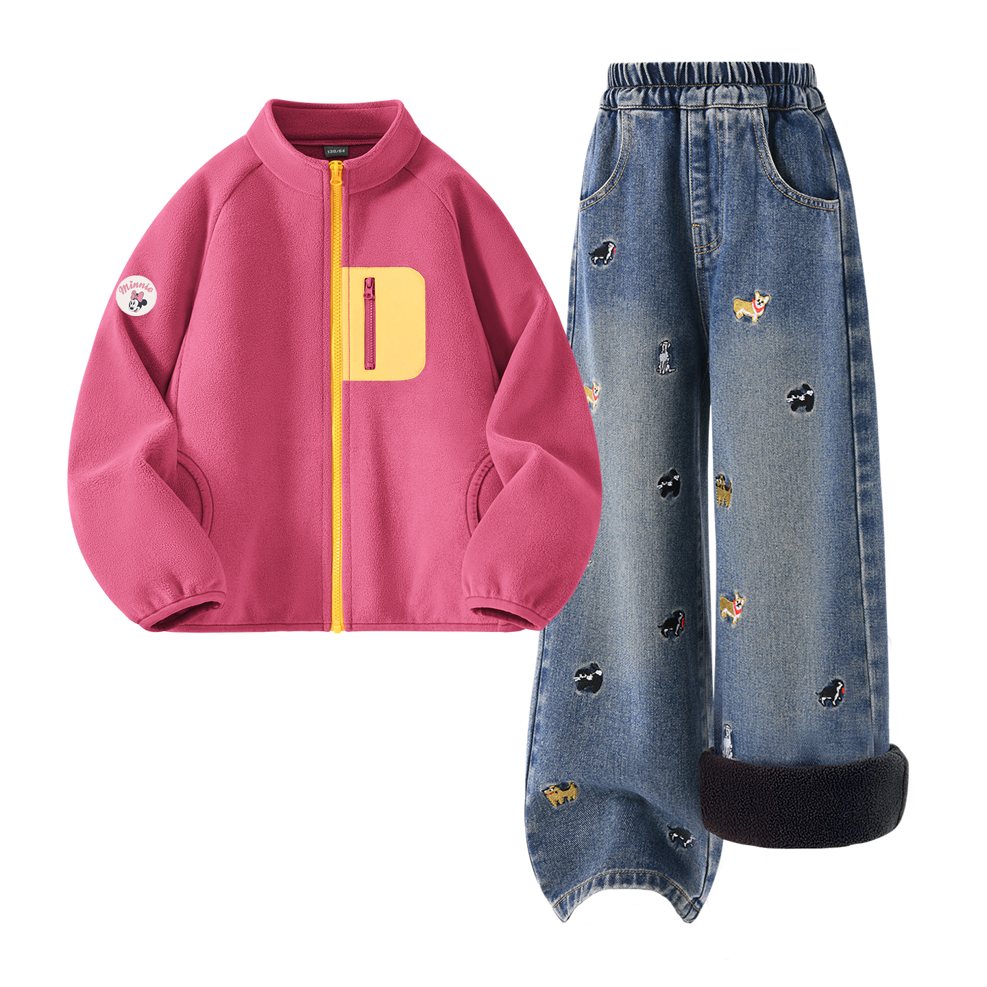 

Детская повседневная спортивная одежда Disney, [Thickened And Fleece-Lined]Dini Medium Round Hook-And-Loop K Rose Red+Solid Color Denim Blue