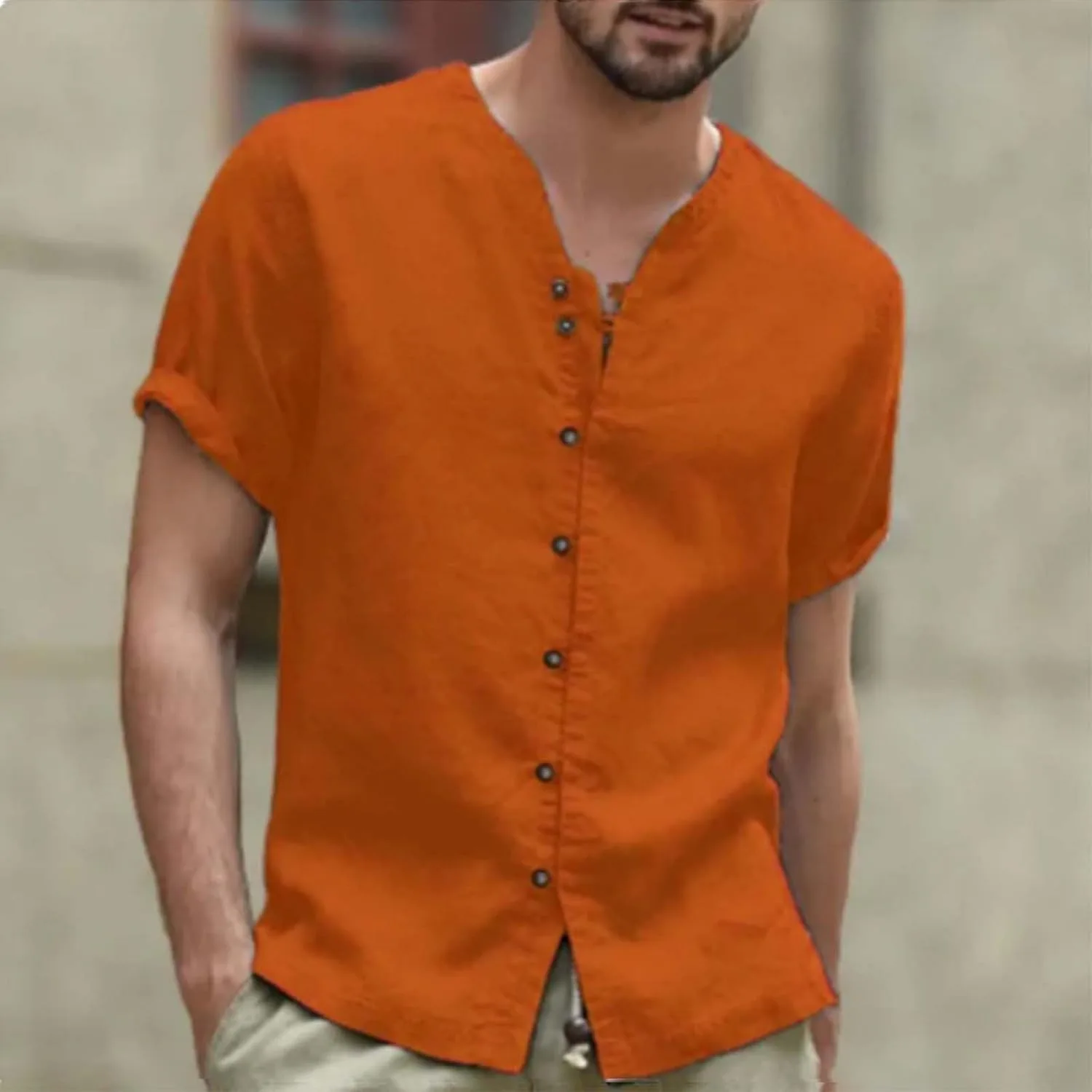 Мужская льняная рубашка с коротким рукавом на пуговицах casual regular fit для делового стиля лето пляж отпуск Generic, оранжевый — фото 4