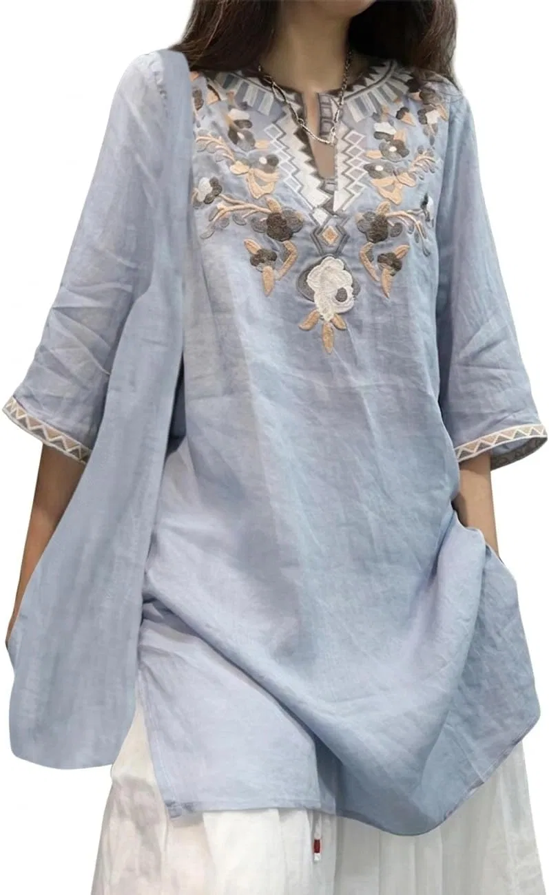 Блуза с вышивкой, туника, женская, эthnic, Cotton Linen, лейк-блю