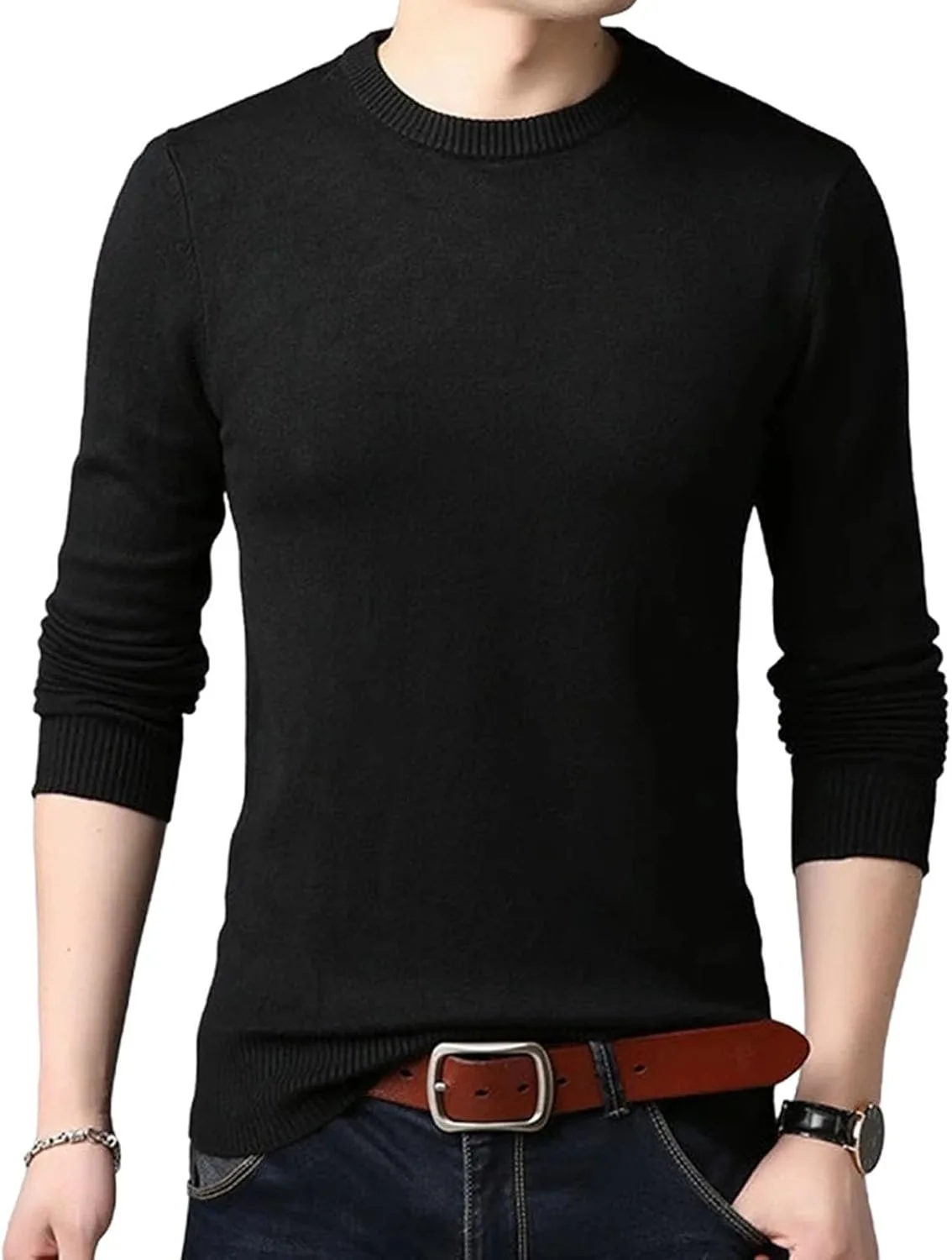 

Тонкий свитер мужской однотонный O-образный вырез