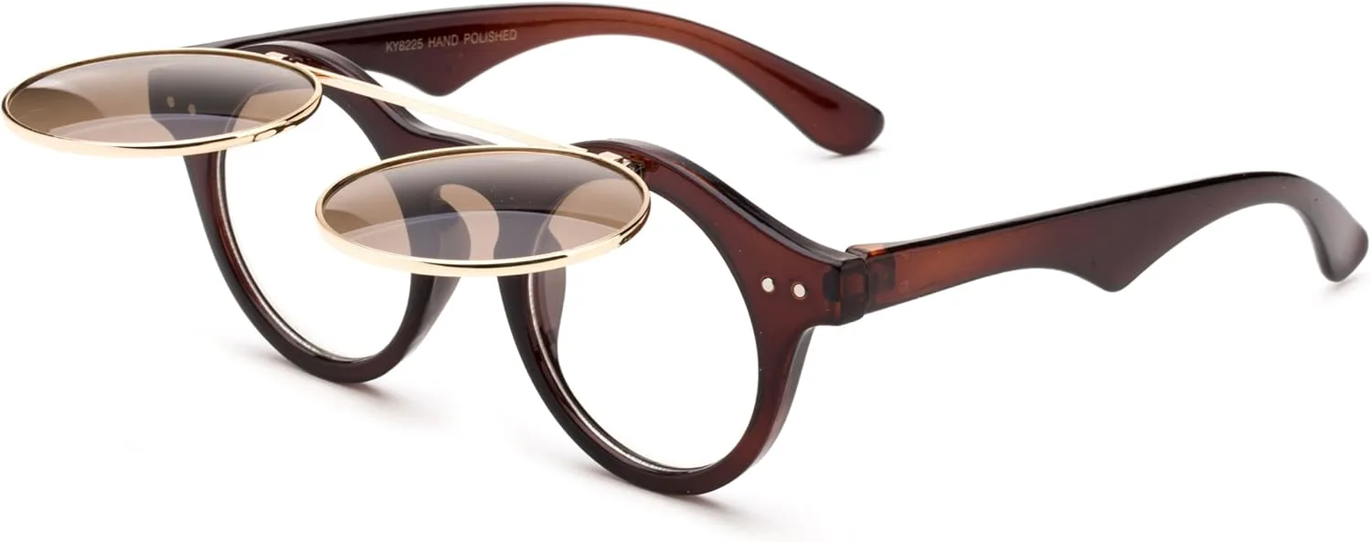 

Классические маленькие ретро-очки/солнцезащитные очки в стиле стимпанк с круглым откидным механизмом. Крутая ретро-модель Kyra, 2 Pack Black/Mirror & Brown-w/Pouch