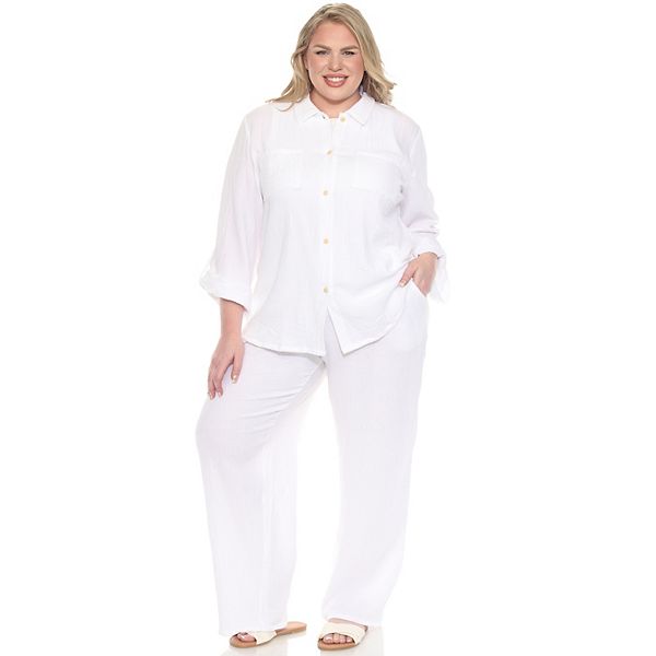 

Комплект из хлопкового муслина с длинными рукавами и пуговицами Plus size Wm Fashion, White