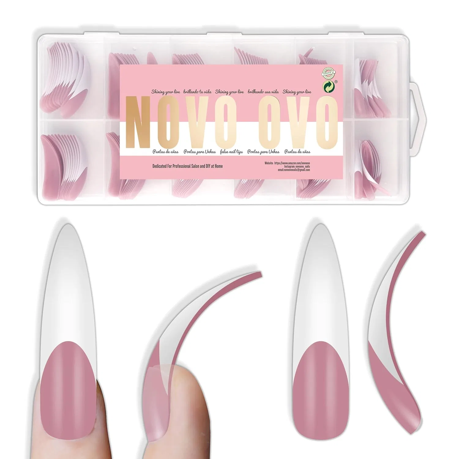 Набор накладных ногтей NOVO OVO XXL Curved Stiletto Almond 144 шт. Novo Ovo, Xxl Curved Almond Stiletto French Tip Nail Tips 144_Eu