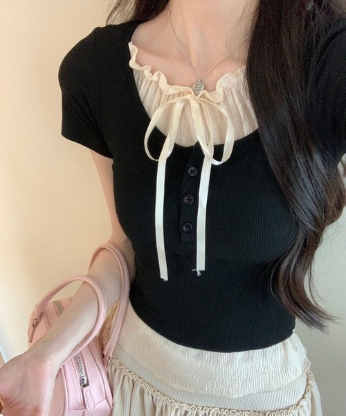 

Футболка с короткими рукавами и двусторонней шнуровкой в рубчик MAISON DE THERESE, черный