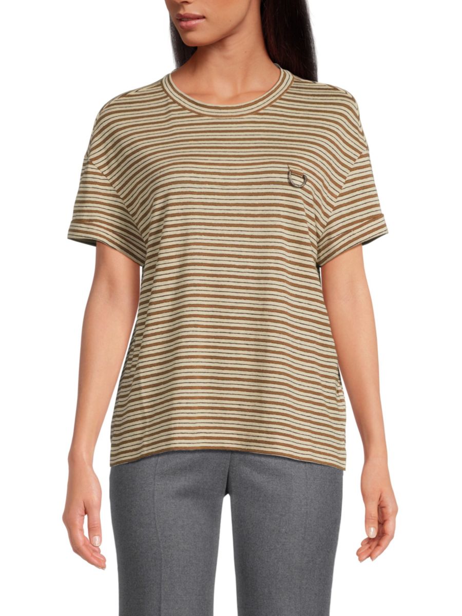 

Футболка из льняной ткани с металлическим отливом в полоску Brunello Cucinelli, цвет Beige Brown