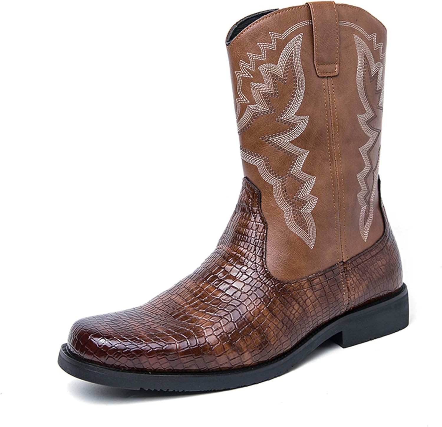 

Мужские джинсовые ботинки с квадратным носком, с ретро-вышивкой, вестерн, рыцарские ботинки, противоскользящие, легкие, высокие, формальные кожаные туфли Generic, коричневый