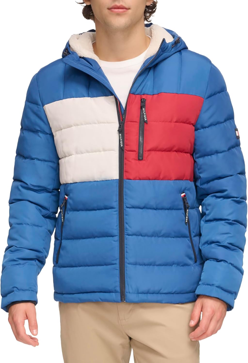 Мужская куртка Tommy Hilfiger средней толщины с подкладкой из шерпы и капюшоном, водонепроницаемая, Royal Blue Flag Print — фото 2