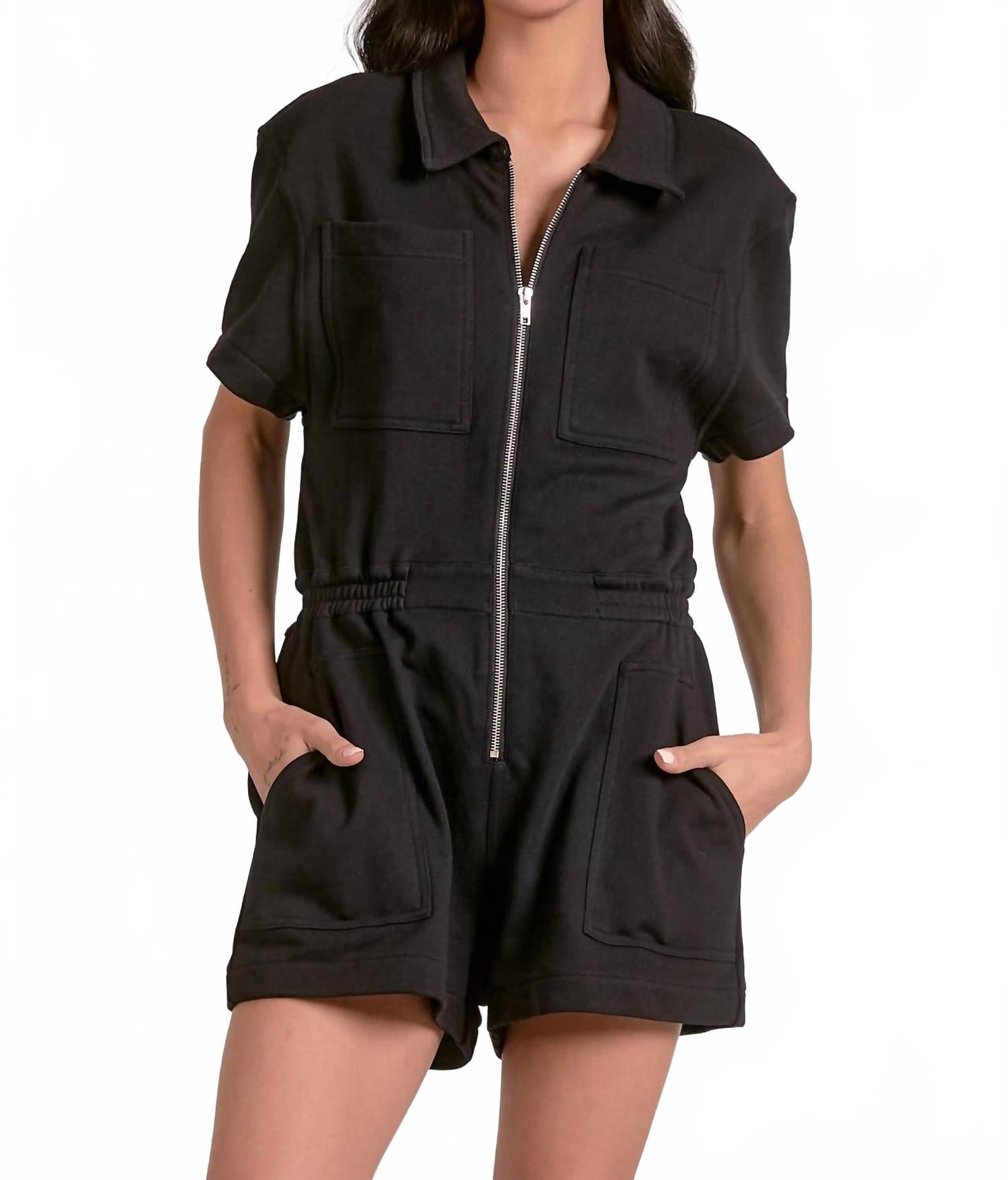 

Черный комбинезон с короткими рукавами и воротником ELAN