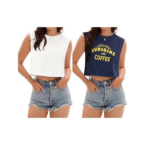 

2 упаковки женских кроп-топов casual, свободные майки-борцовки без рукавов, базовые футболки Athlechic, White Solid Blueletter