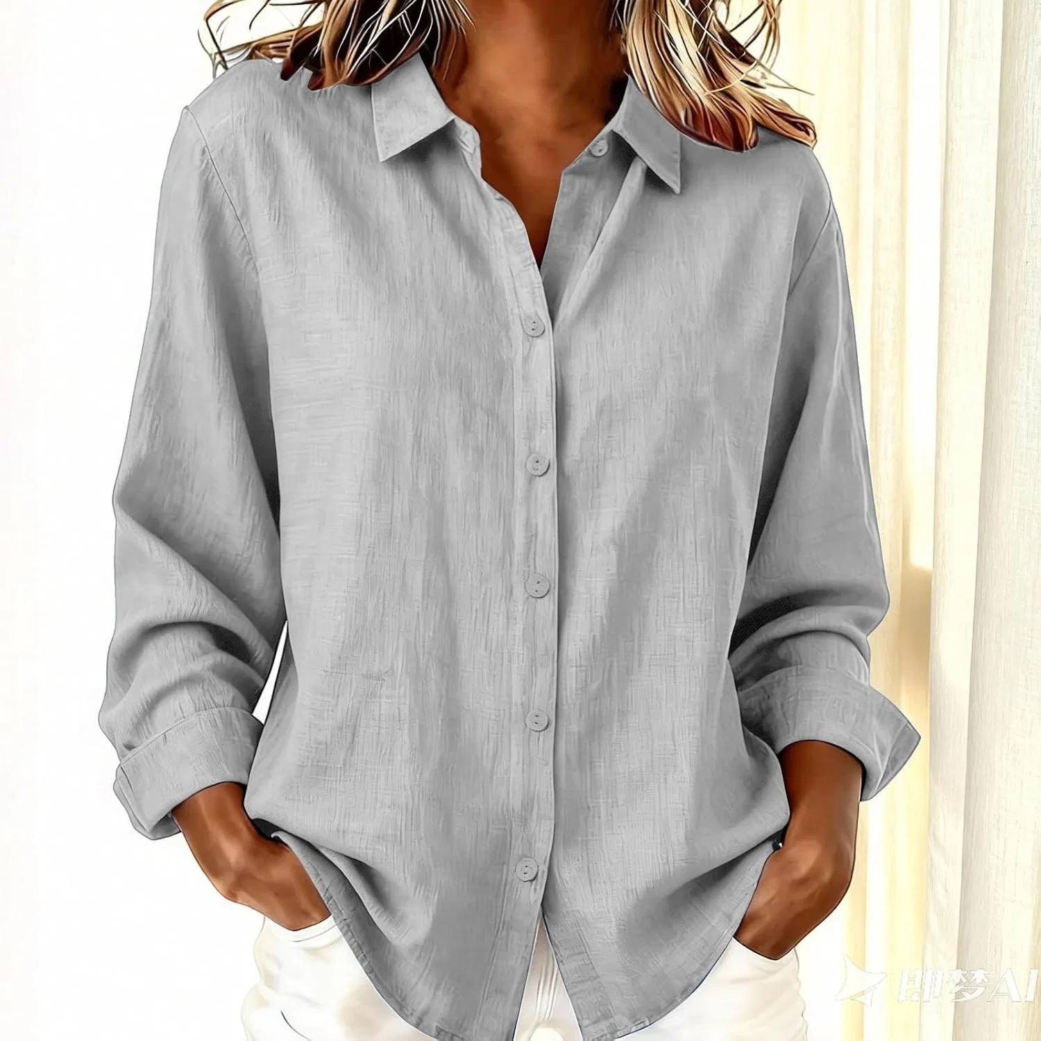 Блуза с длинным рукавом, button-down, легкая, однотонная, женская, серый — фото 2