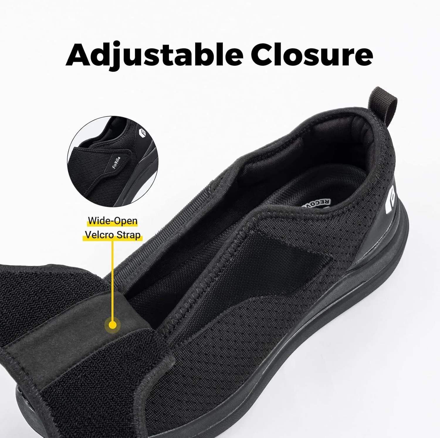 Мужские очень широкие домашние тапочки FitVille EasyTop Wings V2 с застежкой на липучке, Black — фото 3