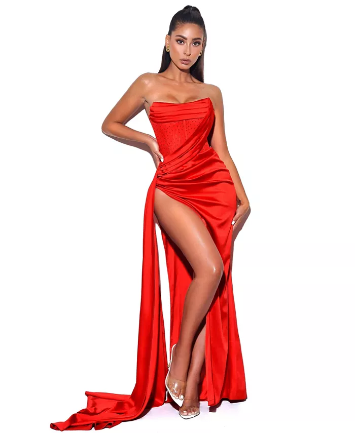

Женское атласное платье Holly Red с корсетом и высоким разрезом Miss Circle, красный