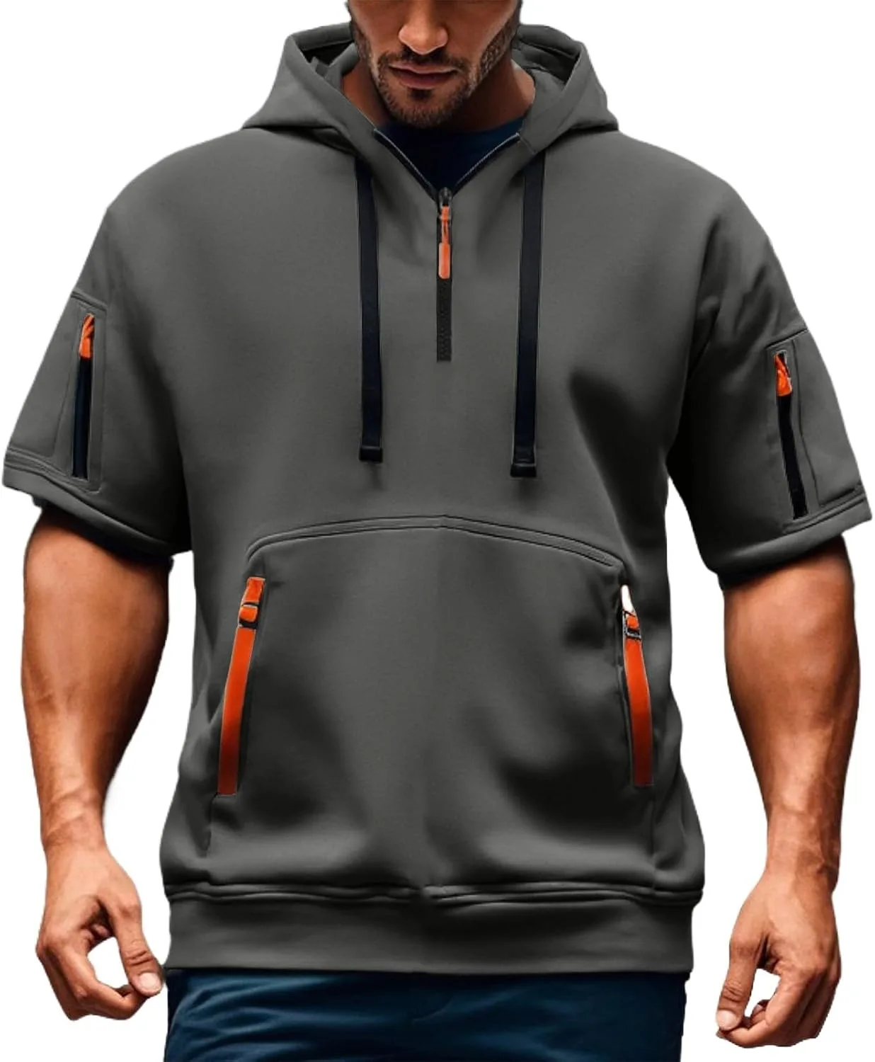 

Мужская толстовка с капюшоном и короткими рукавами для тренировок, легкая, с карманами и молнией на четверть