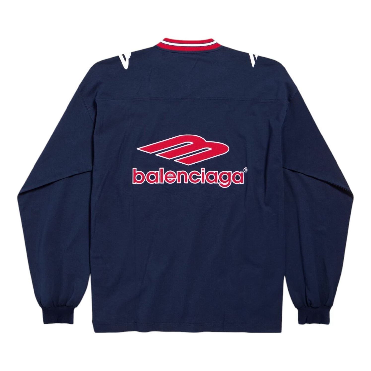 Футболка Balenciaga 3B Football с длинным рукавом и V-образным вырезом, цвет «Темно-синий красный» — фото 2