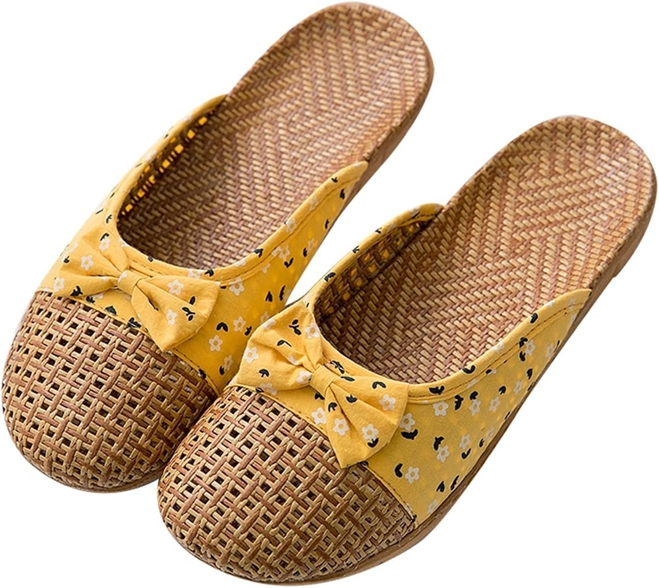 

Женские домашние тапочки из льна, мягкая подошва, для дома и спальни, комфортные круглый год, соломенные плетеные сандалии на татами с открытым носком и милым бантиком (Цвет: желтый, Размер: 39/40 EU) Kitcissl