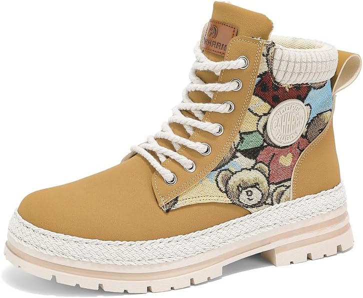 

Дизайнерские боевые ботинки с рисунком медведя, гиперсветлые ботинки на платформе с шнуровкой, доступны в бежевом, белом, черном цветах, из холста и кожи Generic