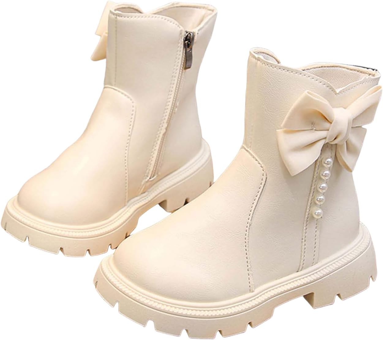 

Модные короткие ботинки для маленьких девочек с жемчугом и бантиком, ботильоны для платьев, милый бантик, рельефная подошва, массивный каблук, удобные ботинки без застежки, зимние уличные, с боковой молнией, кожаные, принцесса Generic, Beige