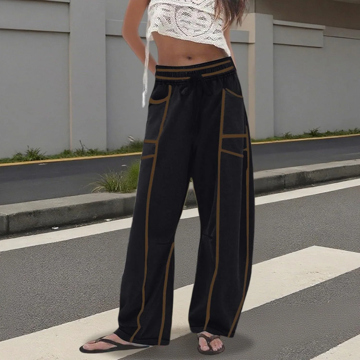 Женские брюки Barrel Pant широкого кроя с завязкой на талии, свободные штаны с несколькими карманами, контрастной строчкой, повседневные мешковатые спортивные брюки Generic, черный — фото 2