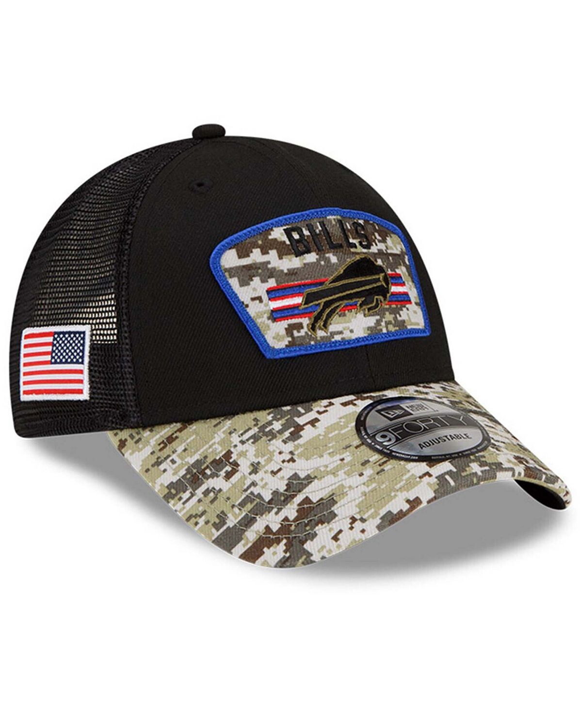 

Мужская черная камуфляжная регулируемая кепка Buffalo Bills 2021 Salute To Service Trucker 9FORTY Snapback New Era