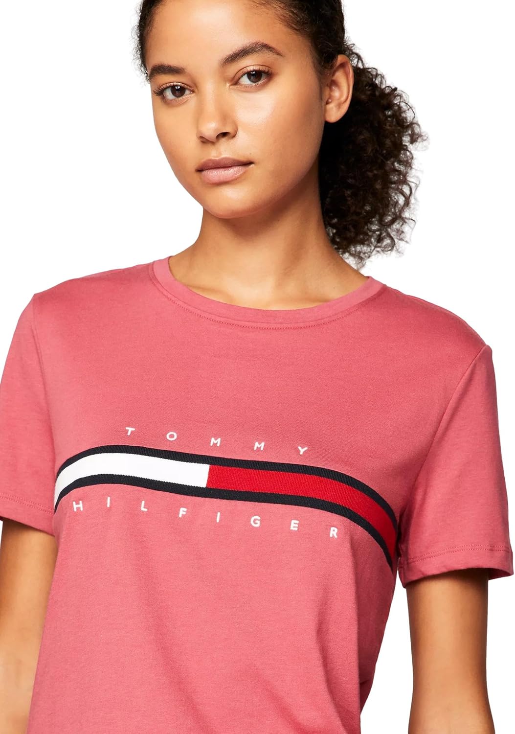 Женская футболка с полосатым логотипом Tommy Hilfiger, Embroidered-Flag Light Crimson — фото 3