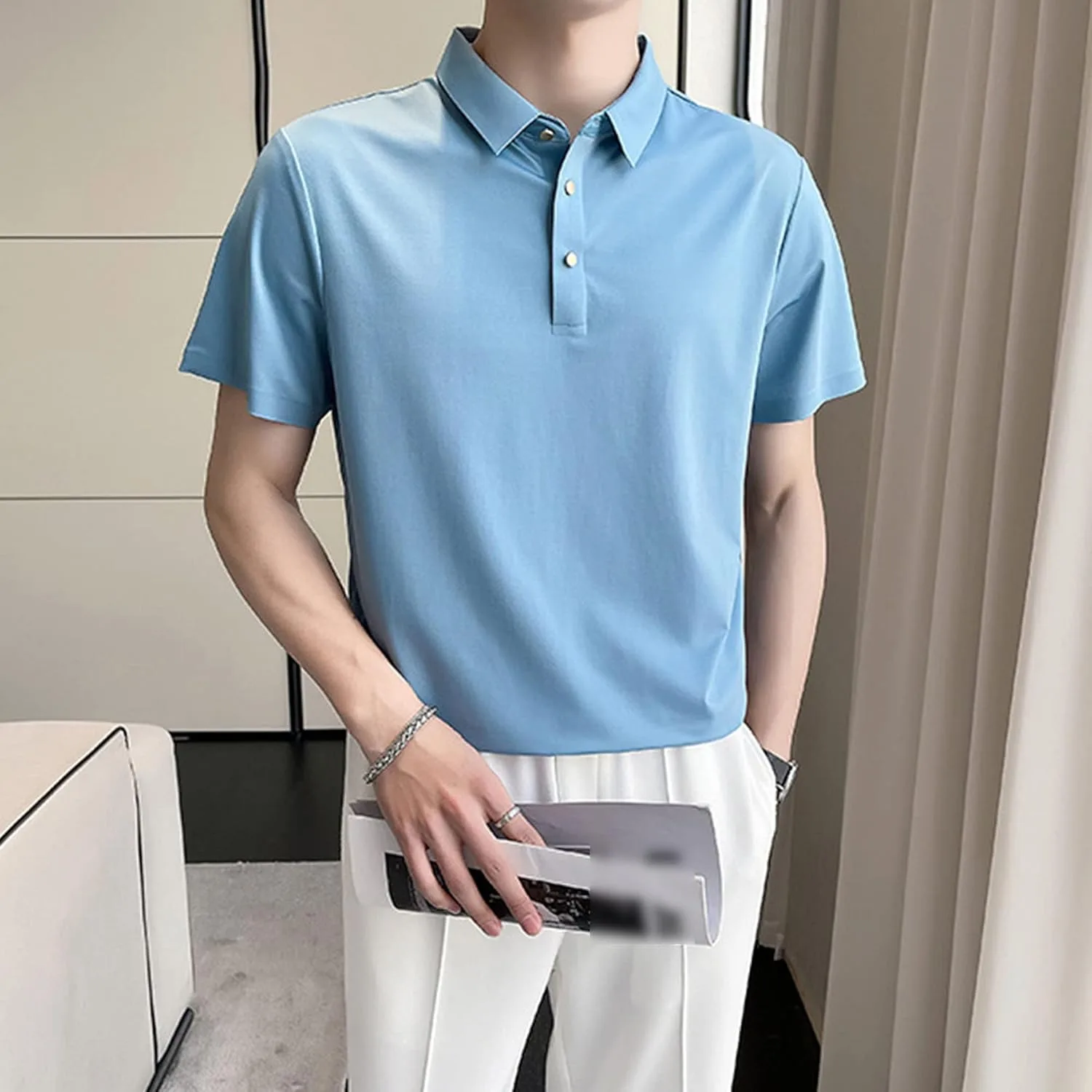 Мужская рубашка с лацканом и пуговицами Ice Silk, короткий рукав, Casual, однотонная — фото 3