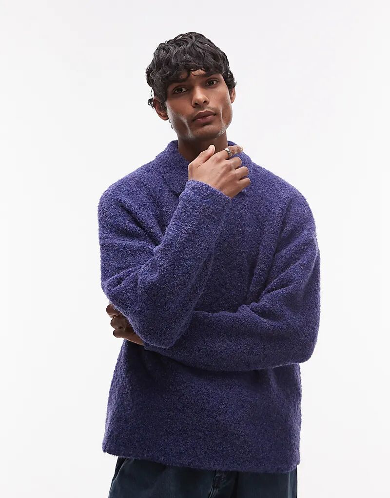 

Поло свободного кроя из букле темно-синего цвета Topman