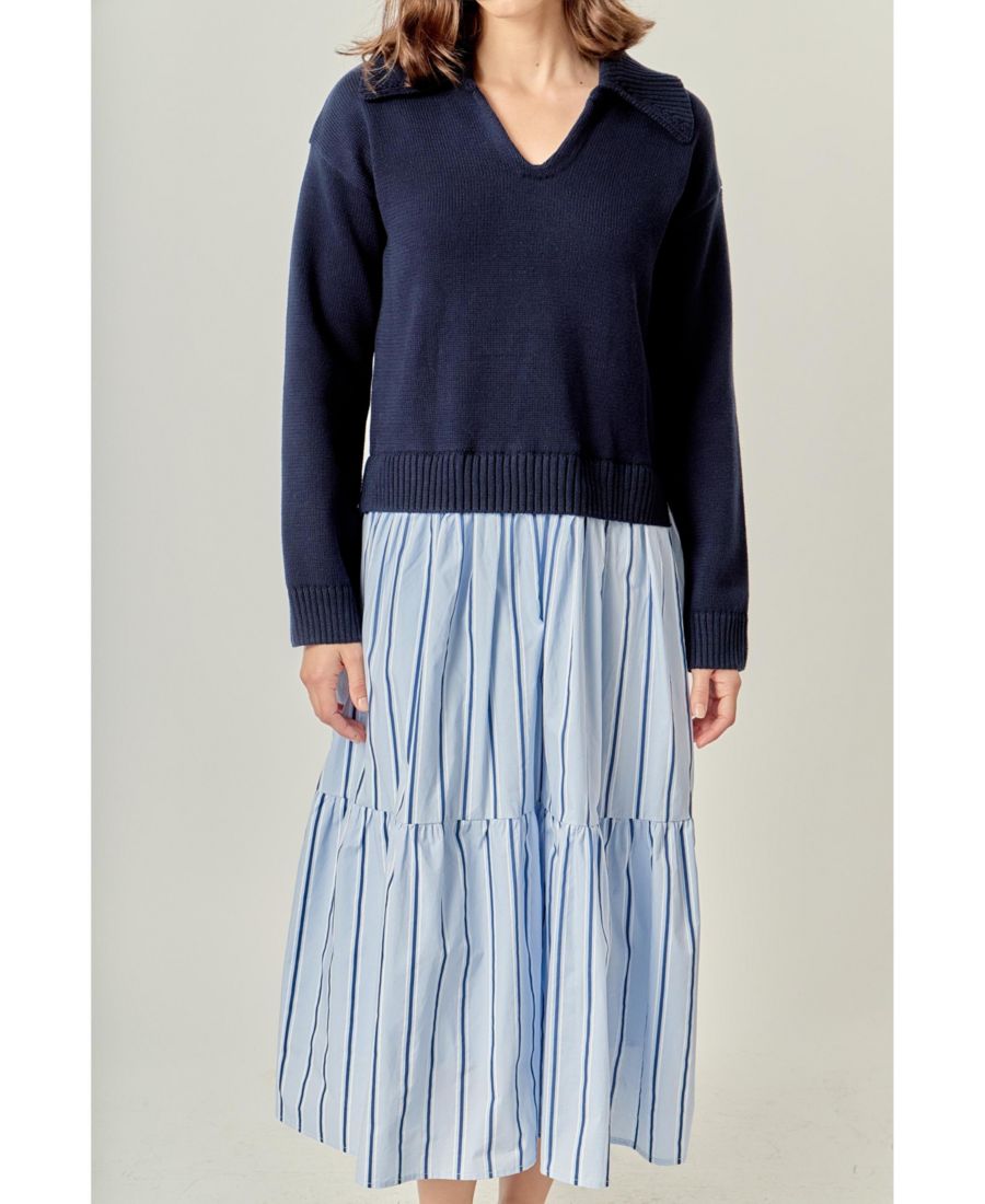 

Женское миди-платье из смешанных материалов English Factory, Navy/p.blue stripes