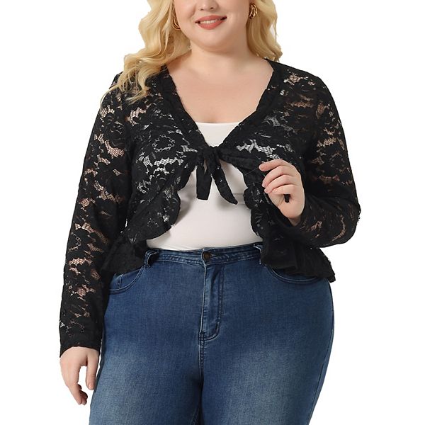 

Болеро-кардиган для женщин Plus size с 3/4 рукавом и кружевной отделкой Agnes Orinda, Black