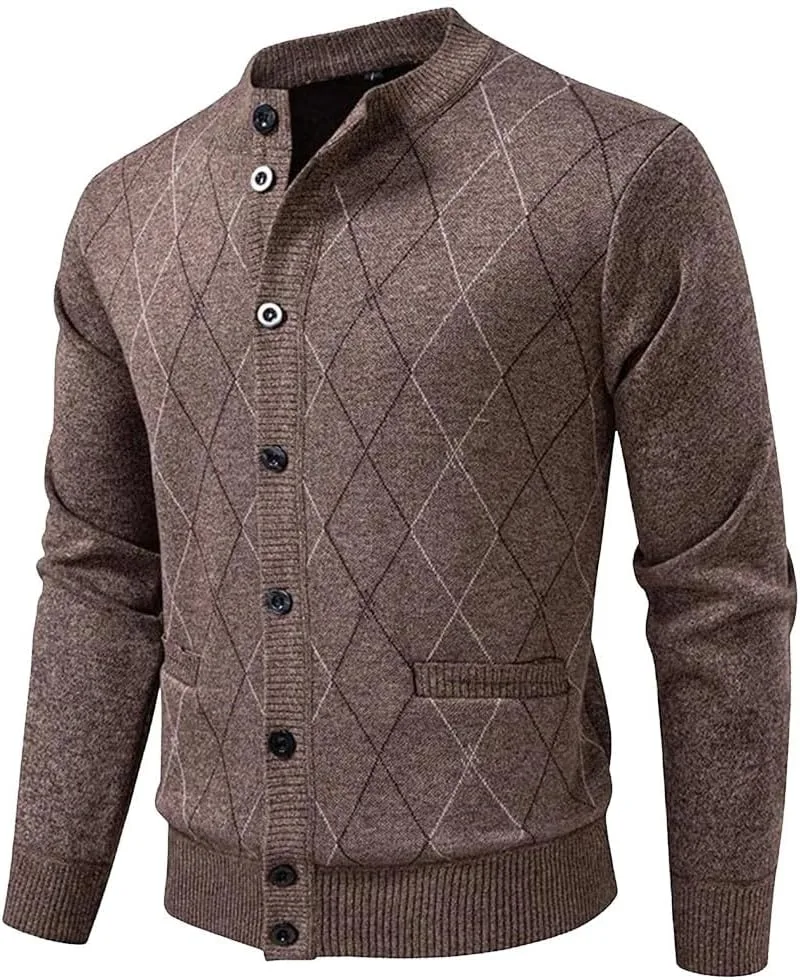 

Мужской вязаный кардиган с круглым вырезом, утепленный, slim fit