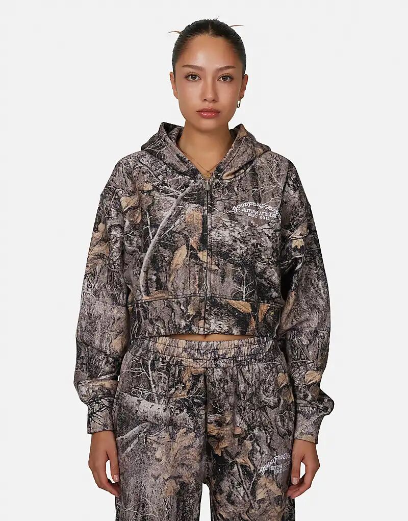 

Укороченная свободная толстовка с капюшоном на молнии с камуфляжным принтом коричневого цвета Good For Nothing