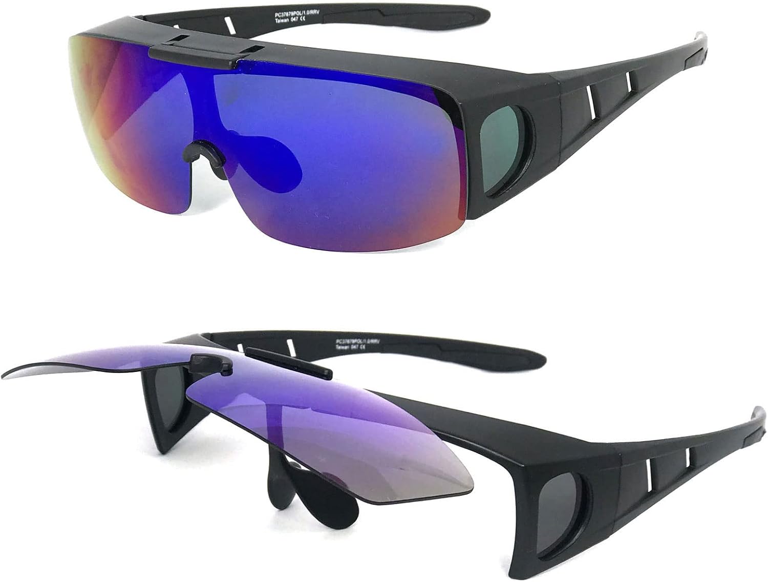 

Очки VeryHobby с откидными линзами, надеваемые поверх солнцезащитных очков, поляризованные линзы, боковая защита для очков с диоптриями Generic, Matte Black Temples / Blue Green Mirror Lens