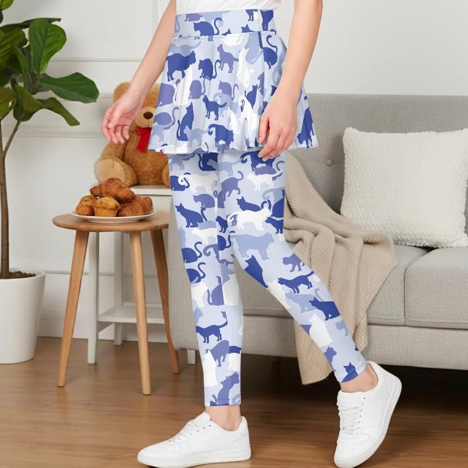 Леггинсы с юбкой для девочек, Hresuewn, Camouflage Blue White Cat — фото 3