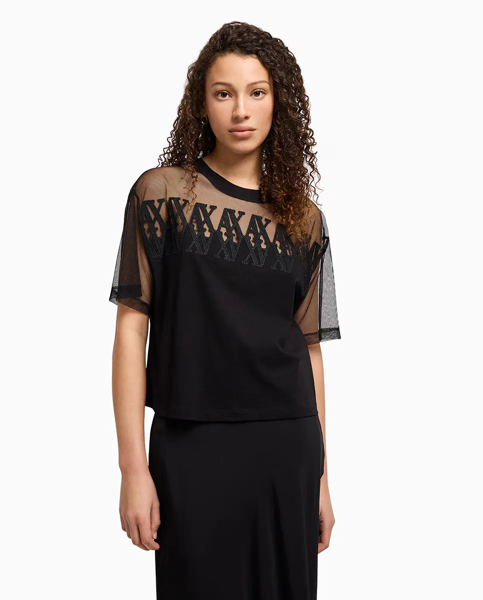 

Женская укороченная футболка из тюля и хлопка Armani Exchange, черный