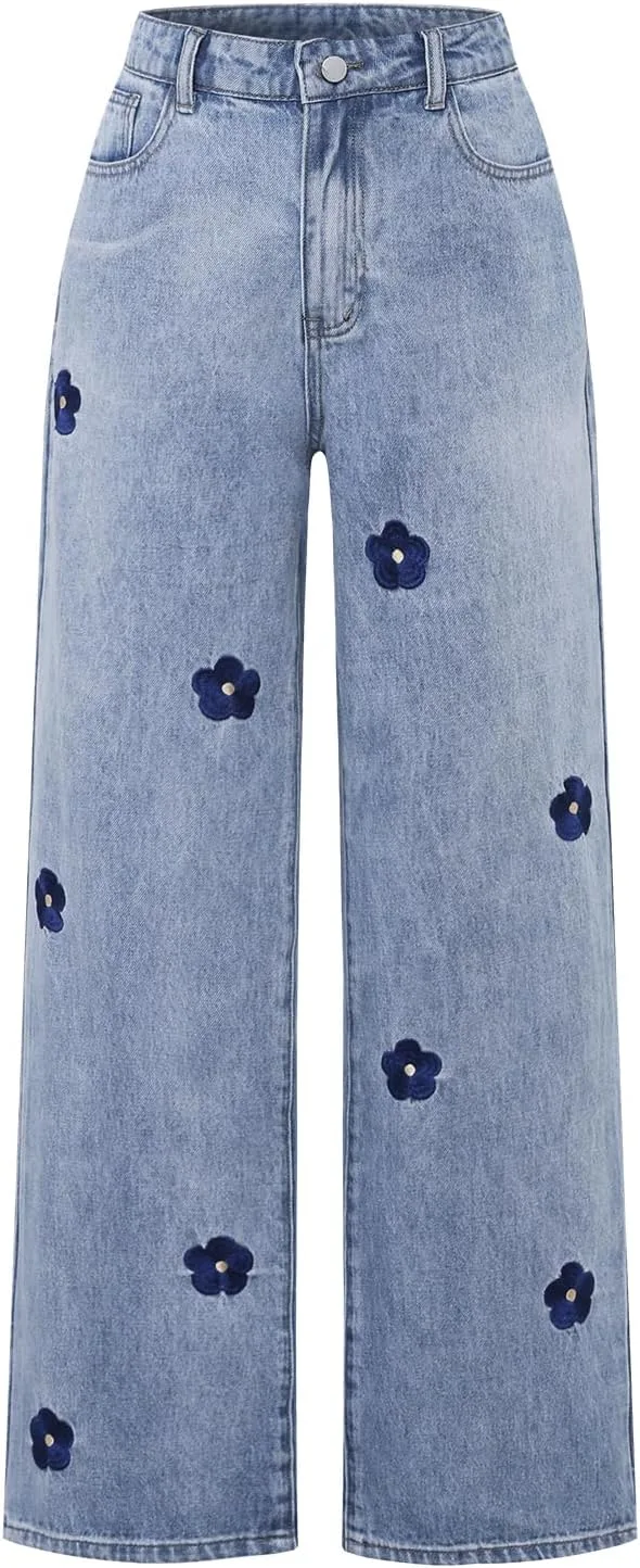 

Женские джинсы с цветочным принтом, прямые, с карманами