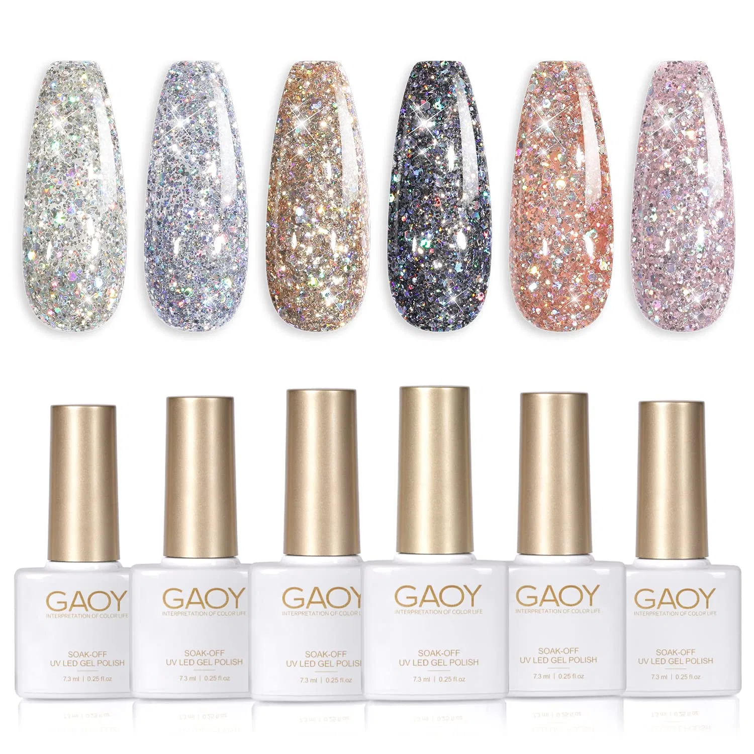 Набор гель-лаков «Chrome Platinum Glitter» из 6 цветов от GAOY Gaoy