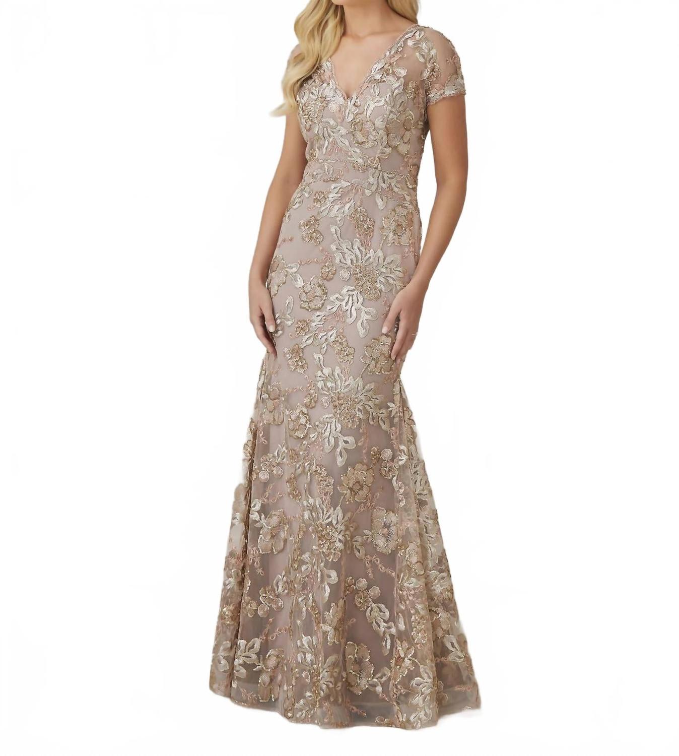 

Розово-золотое длинное платье с пайетками и вышивкой Christina Wu