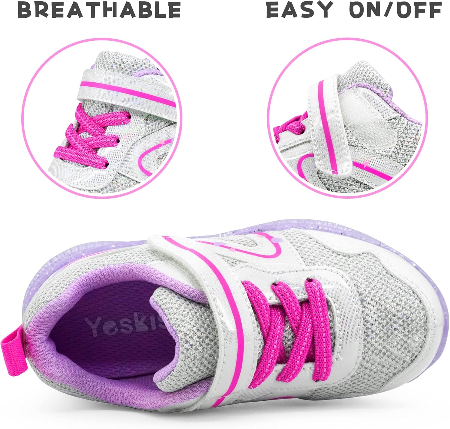 Детские кроссовки YESKIS для мальчиков и девочек со светодиодной подсветкой, легкие, сетчатые, дышащие, очаровательные, для бега, для малышей и маленьких детей, Silver Light Up Shoes — фото 3